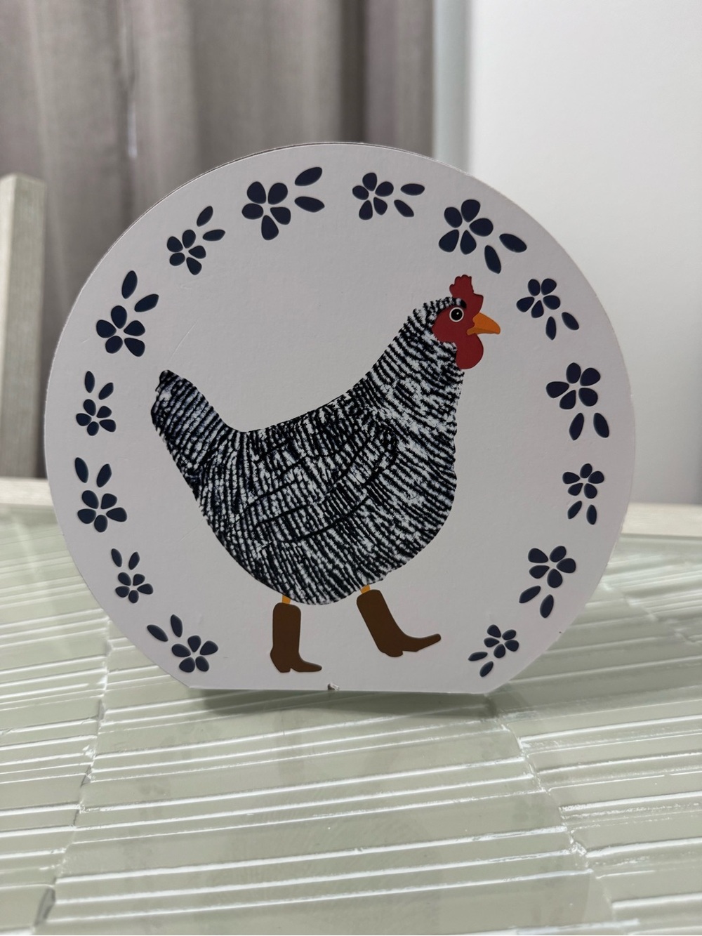 Decorative Chicken Wooden Sign - Navy, White, Brown, Red Accent